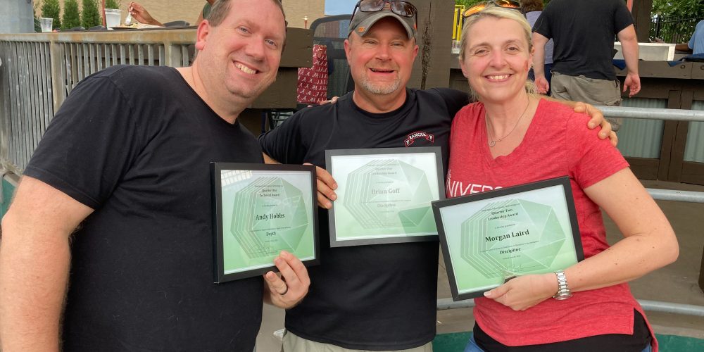 Awardees at the Montgomery Biscuits game, Andy Hobbs, Brian Goff, and Morgan Laird