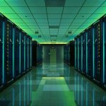 server room illuminated in green and blue
