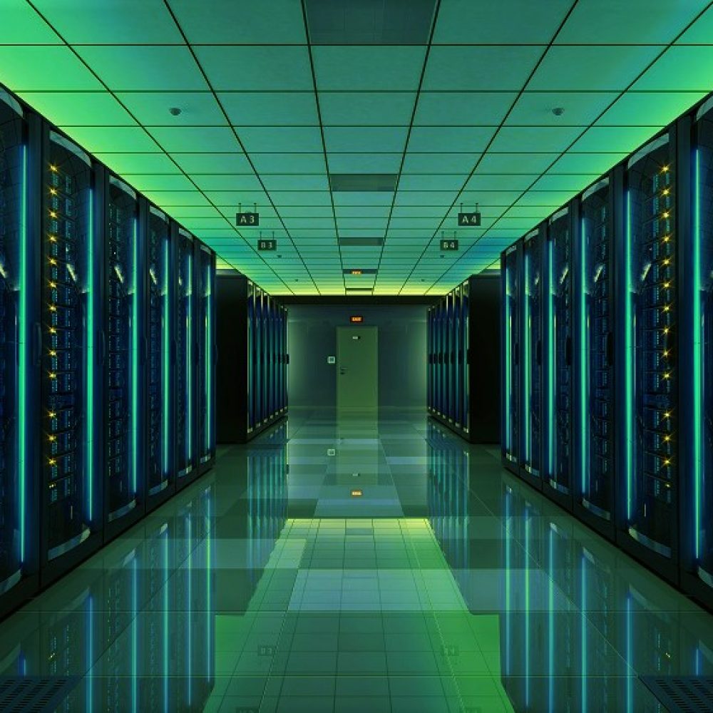 server room illuminated in green and blue