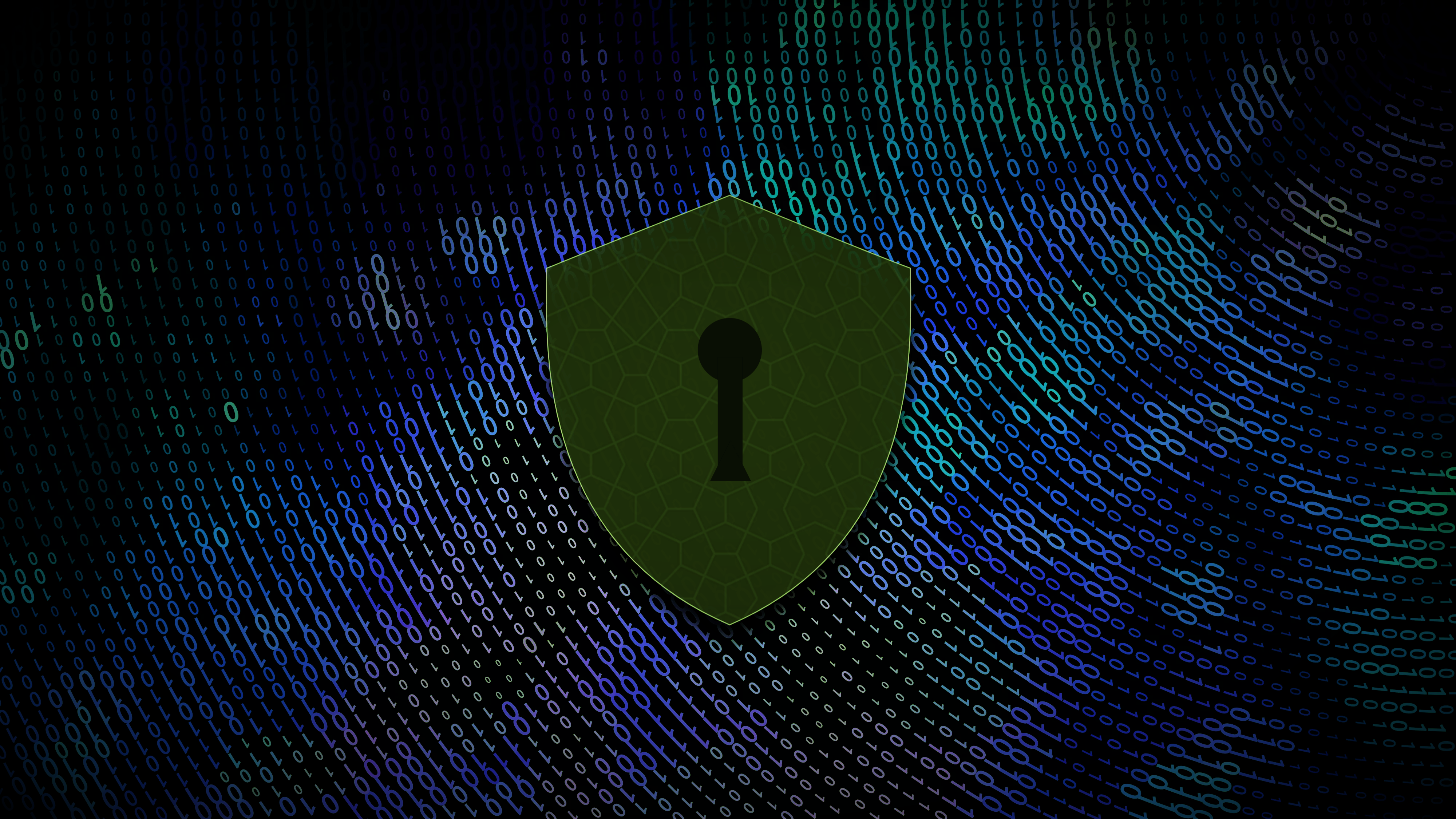 binary code in cyan and blue with green shield