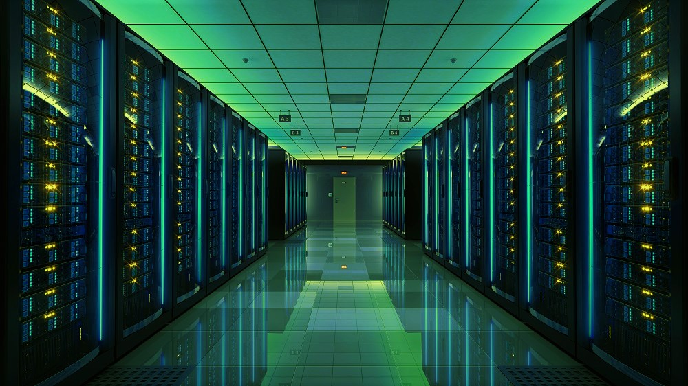 server room illuminated in green and blue